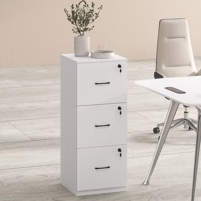 Levede Modern White Glossy Wooden File Cabinet with 3 Lockable Drawers, H 103 x W 41 x D 41 cm