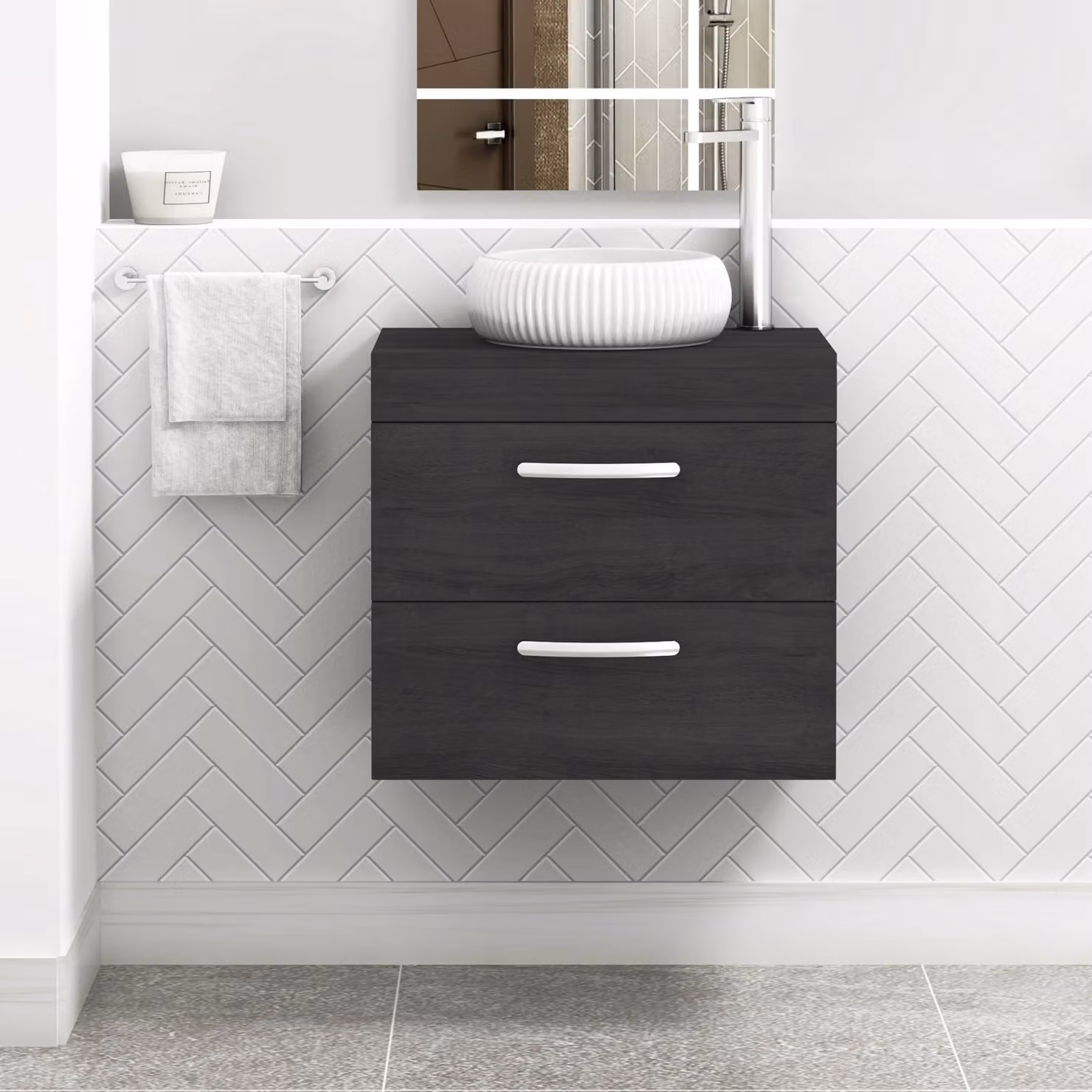 Royal Bathrooms Turin 600mm Wall Hung Vanity Unit with 2 Drawers and Countertop Basin in Matt Hale Black