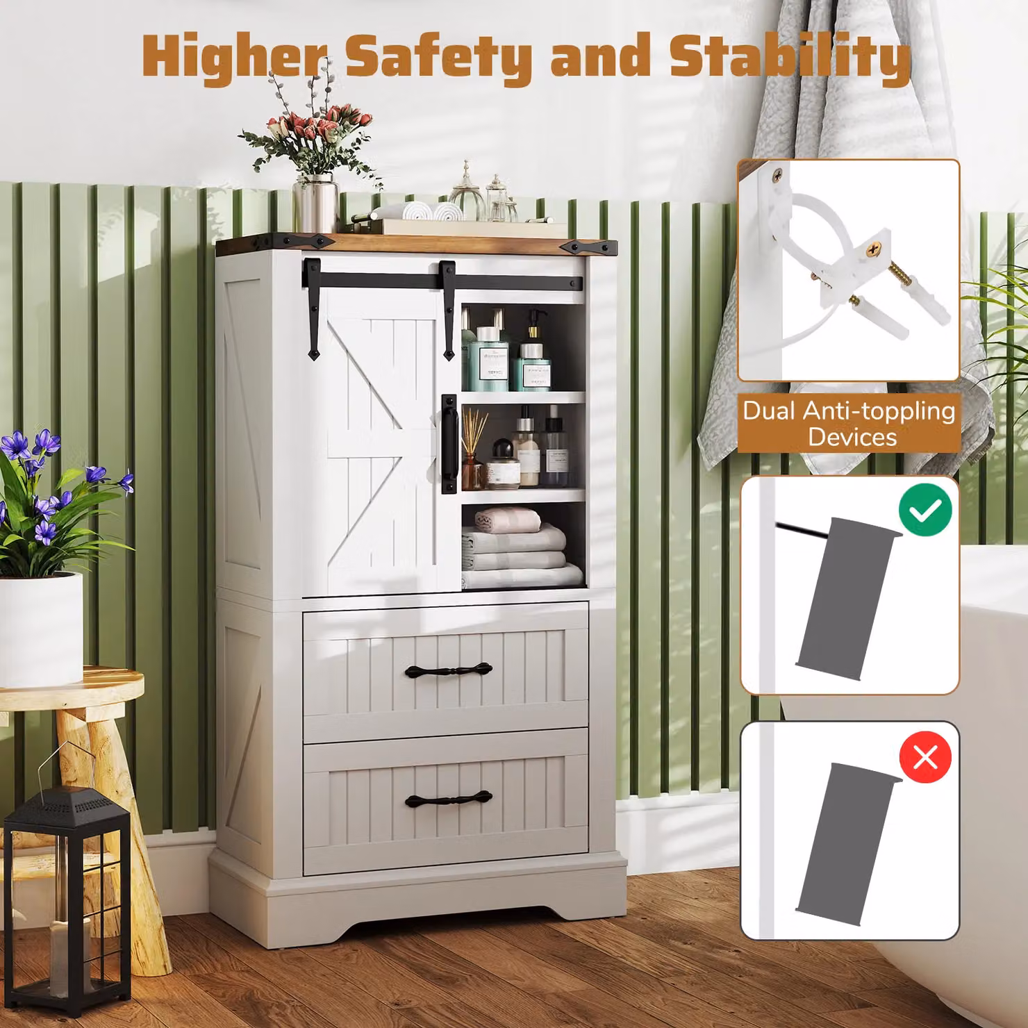 Gymax White Farmhouse Style Freestanding Bathroom Floor Cabinet with Sliding Doors, Internal Drawers and Shelves – 7