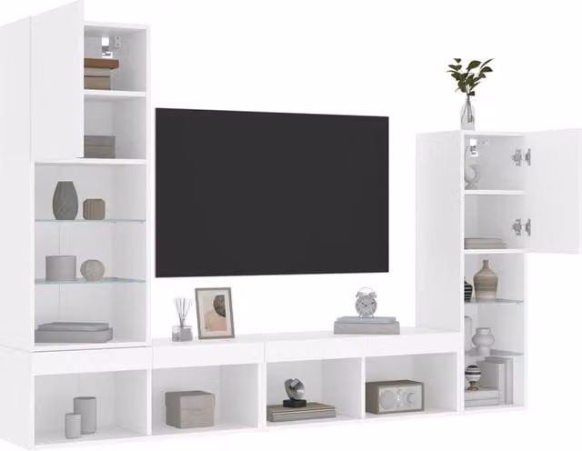 Berkfield Home 4 Piece Modern White TV Wall Unit Set with Integrated LED Lighting and MDF Lowboard – 1
