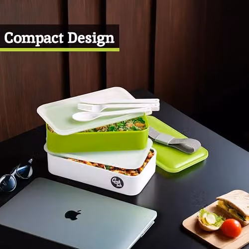 Premier Grub Tub Stackable Leakproof Lunch Box with Dividers and Cutlery in Green, White and Grey – 3