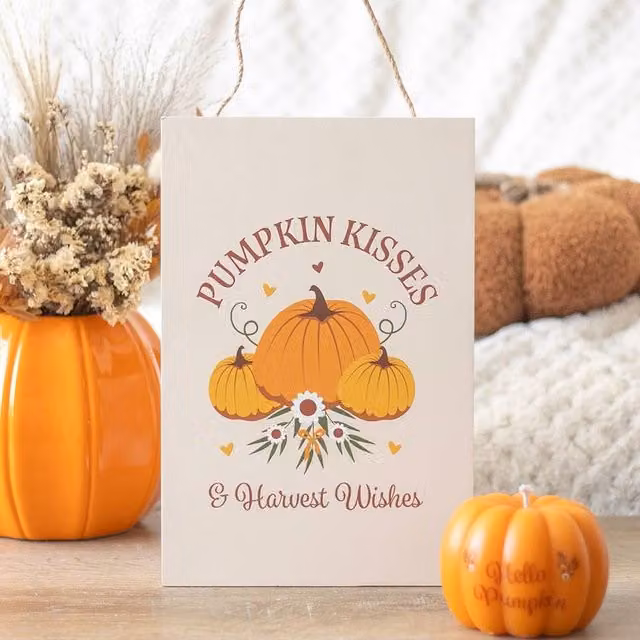 Uniqueful Pumpkin Kisses & Harvest Wishes Multicolour Wooden Hanging Sign, W/H: 15 x 15 cm