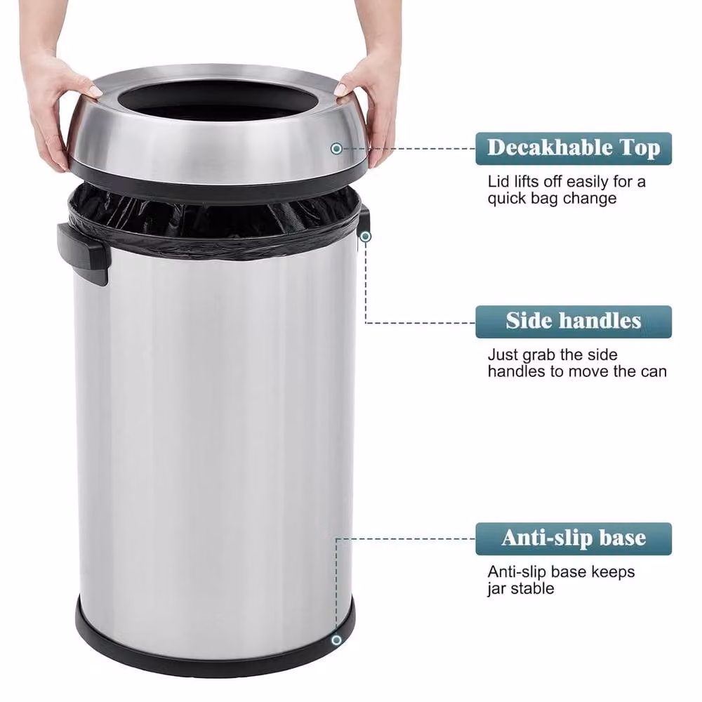VOGREX 17 Gallon Oval Stainless Steel Kitchen Waste Bin with Flip Lid in Metallic Silver – 5