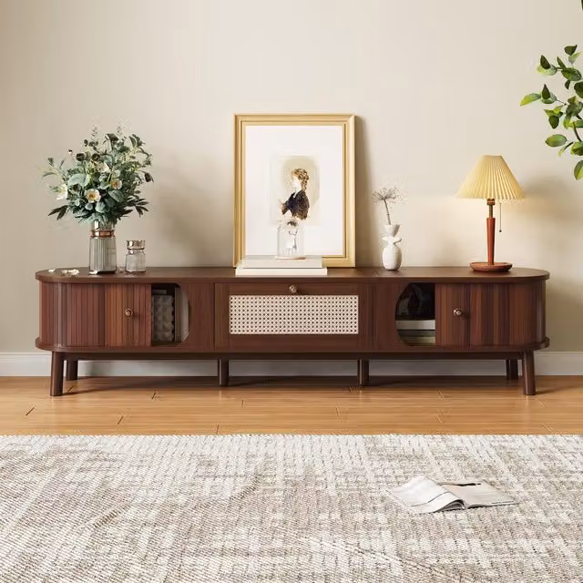 Aosom UK Modern Walnut TV Cabinet with Handwoven Rattan Drawers and Sliding Doors, W: 39.5 cm, D: 38 cm, H: 38 cm, Brown