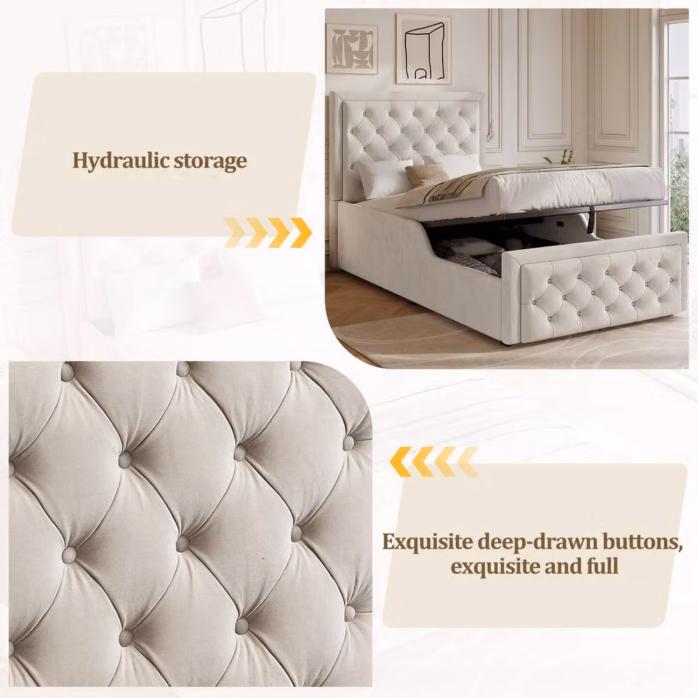 BTM Single Upholstered Hydraulic Storage Bed Frame with Velvet Headboard, Beige, W/D/H: 90 x 190 cm – 3