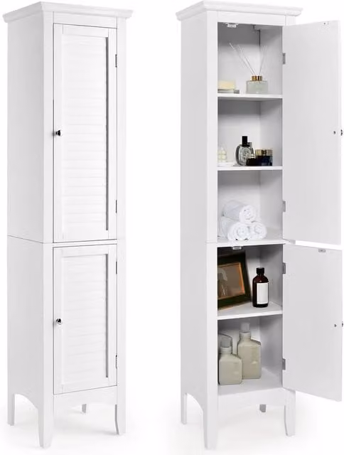 Costway Slim Freestanding White Bathroom Tall Storage Cabinet with 2 Hinged Doors and Internal Shelves