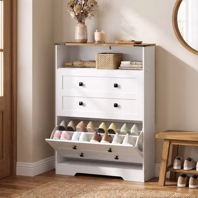 HOMCOM White Narrow Shoe Storage Cabinet with Tilting Compartments and Ventilation