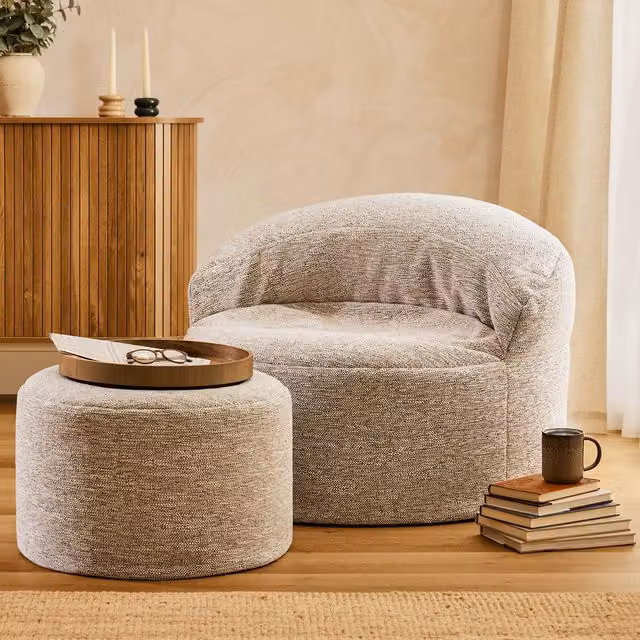 ICON Orb Accent Chair and Milano Round Footstool in Sand Fabric – 1