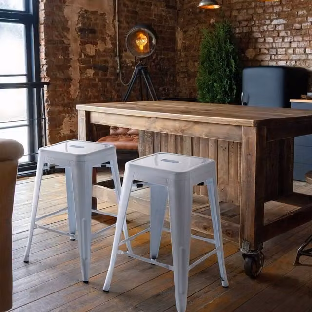 Wyld and Coco Set of 2 White Lacquered Metal Stackable Industrial Bar Stools, Height: 60 cm