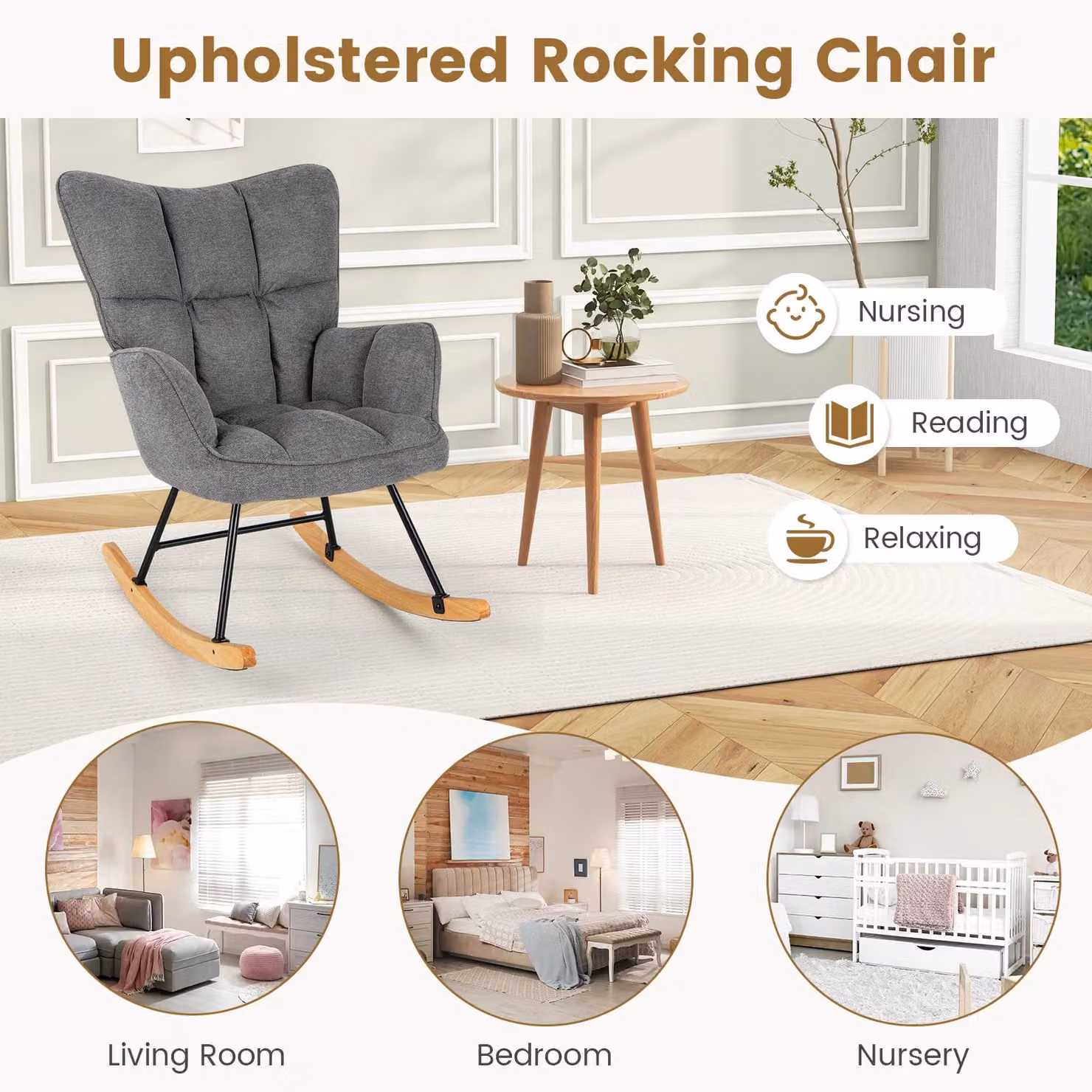 Gymax Linen Rocking Chair Accent Chair with High Backrest and Padded Armrests in Dark Grey – 2