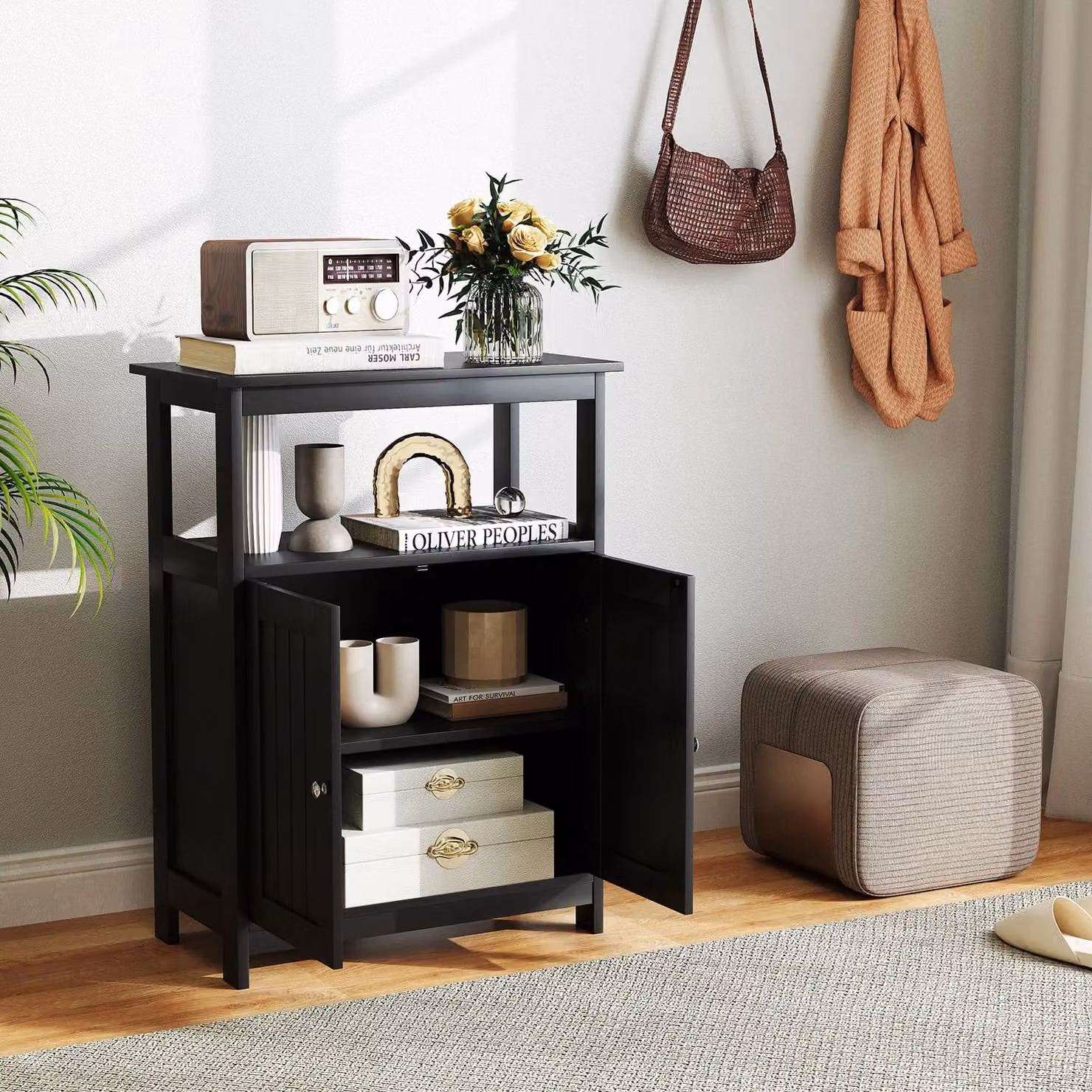 Gymax Modern Black Freestanding Bathroom and Living Room Floor Cabinet with 2 Hinged Doors and Internal Shelves – 4