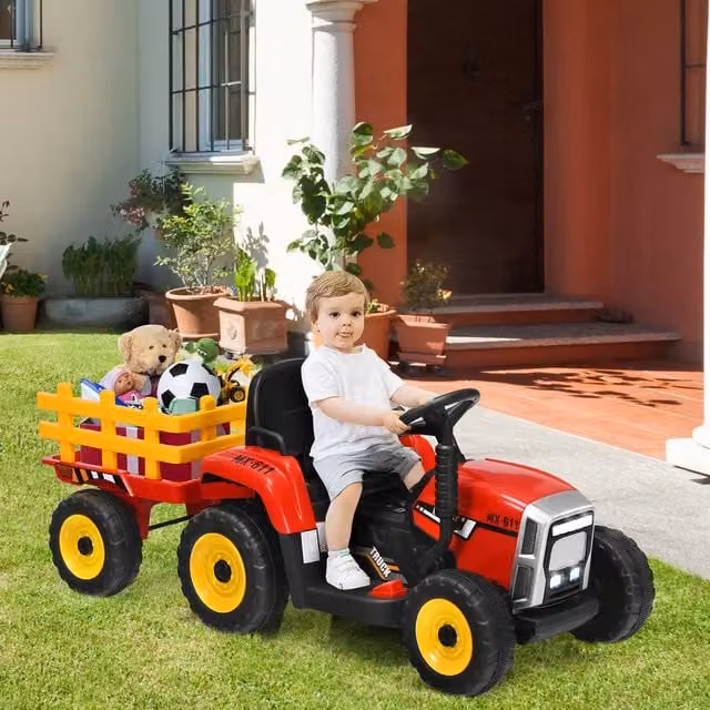 Costway 12V Red Kids Electric Ride On Tractor with LED Lights and Sound