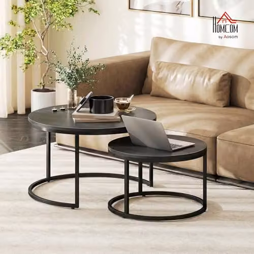 HOMCOM Set of 2 Round Nesting Coffee Tables in Black Wood Grain, W/D/H: 78.5 x 78.5 x 46.5 cm – 2