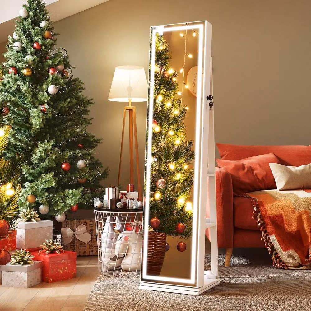 Costway Freestanding 360 Swivel Jewelry Cabinet with LED Lighting and Mirror in White – 4
