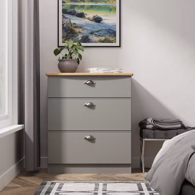 Victoria Ready Assembled 3 Drawer Deep Chest in Dusk Grey and Riviera Oak