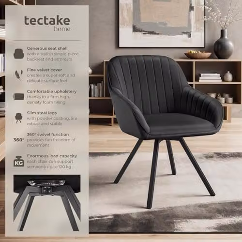 tectake Set of 6 Black Velvet Swivel Dining Chairs with Armrests – 3