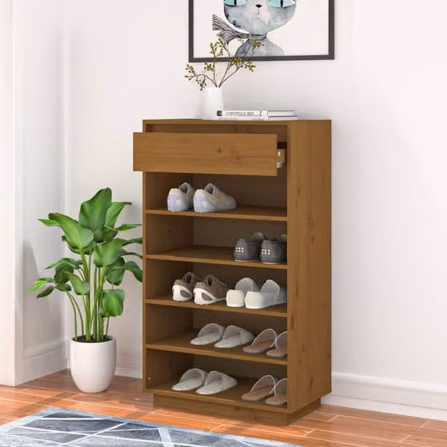 Berkfield Home Honey Brown Solid Wood Pine Shoe Cabinet, W: 60 cm, D: 34 cm, H: 105 cm – 1