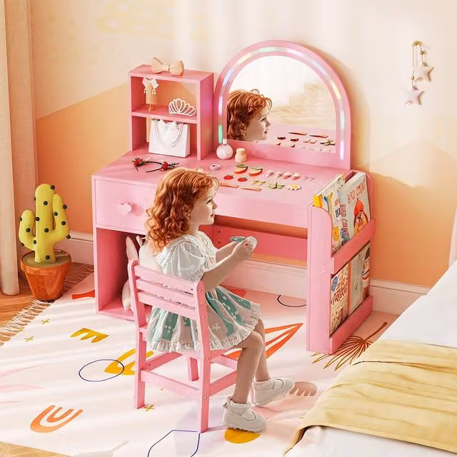 Costway Kids Vanity Table and Chair Set with Lighted Mirror in Bright Pink