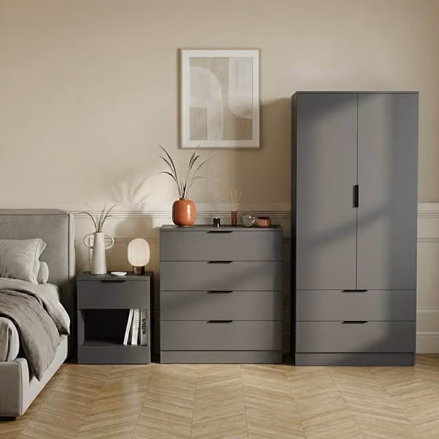 Vida Designs Trega 3-Piece Grey Bedroom Set including Wardrobe, 4-Drawer Chest and 1-Drawer Bedside Table