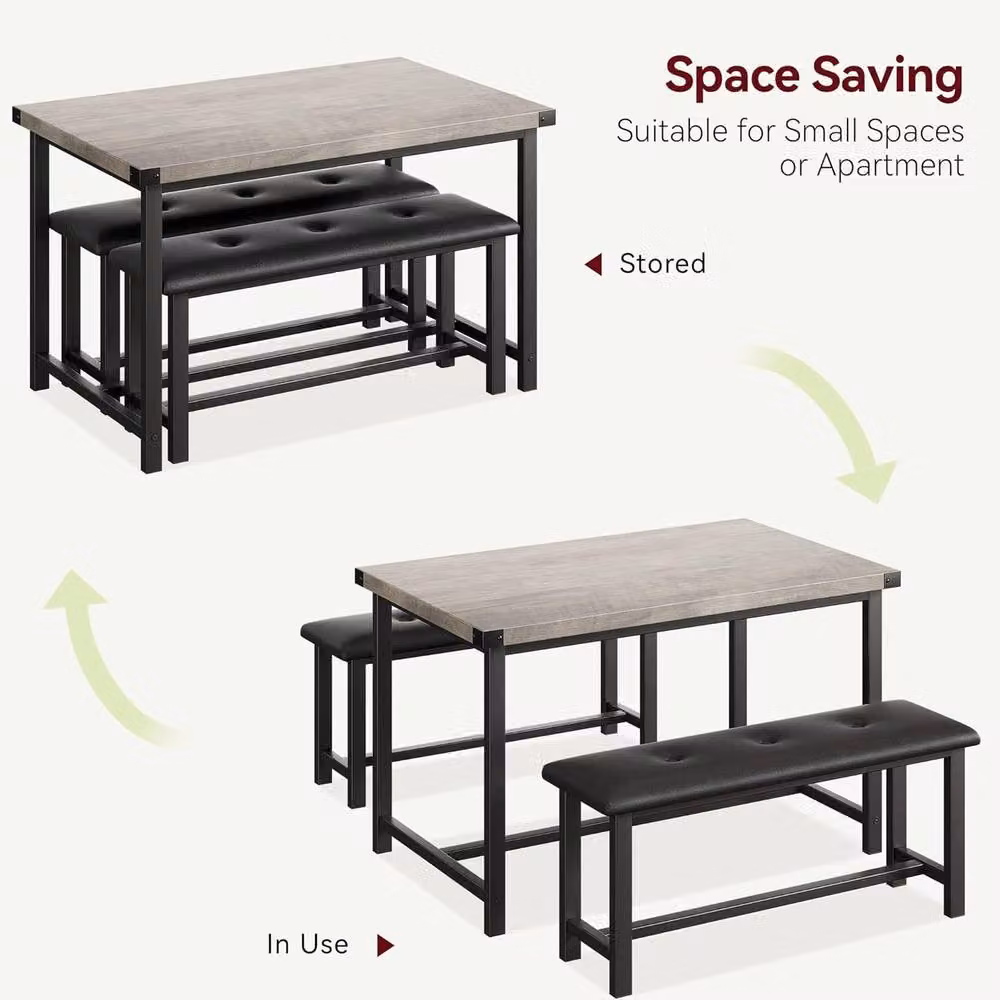 London Boutique 3-Piece Rectangular Dining Table Set with 2 Grey Upholstered Benches – 3