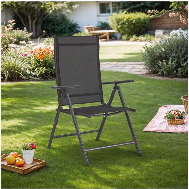 SONGMICS Set of 2 Modern Folding Garden Chairs with Armrests in Black and Anthracite