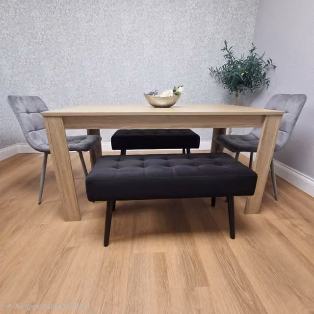 Kosy Koala Oak Effect Dining Set with Rectangular Table, 2 Velvet Chairs and 2 Benches in Grey