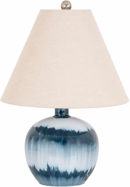 Lemon Pavilion Ocean Shadows Squat Table Lamp with Blue Glass Base and Beige Linen Shade – 1