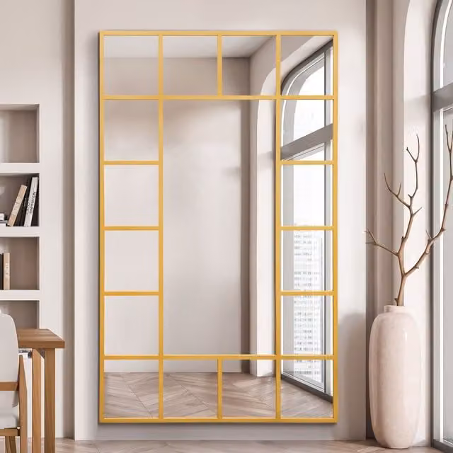 MirrorOutlet Modern Metal Rectangular Window Leaner Wall Mirror in Gold, Height: 180 cm
