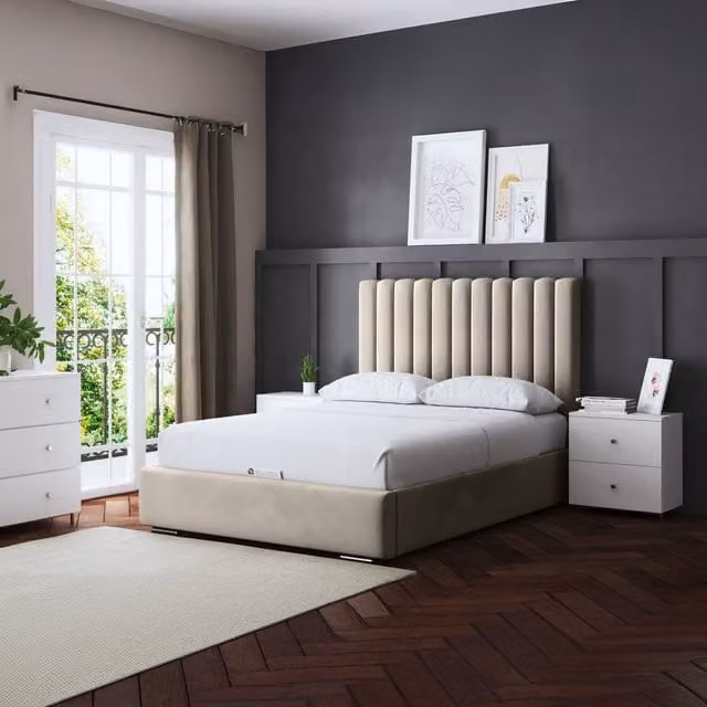 DS Living Evangeline Ottoman Bed with Headboard in Beige and Yellow, W/D/H: 120 x 200 cm