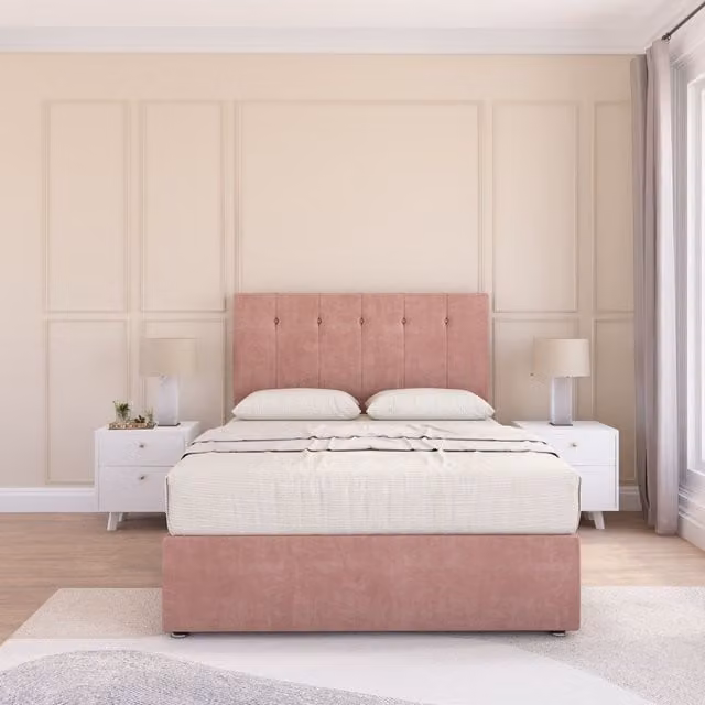 Sloomy Highbury Plush Velvet Memory Foam Bed Set with Headboard and Hybrid Mattress in Pink, W/D/H: 120 x 200 cm
