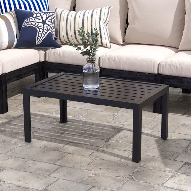Outsunny Black Metal Outdoor Coffee Table with Slat Tabletop and Galvanised Steel Construction