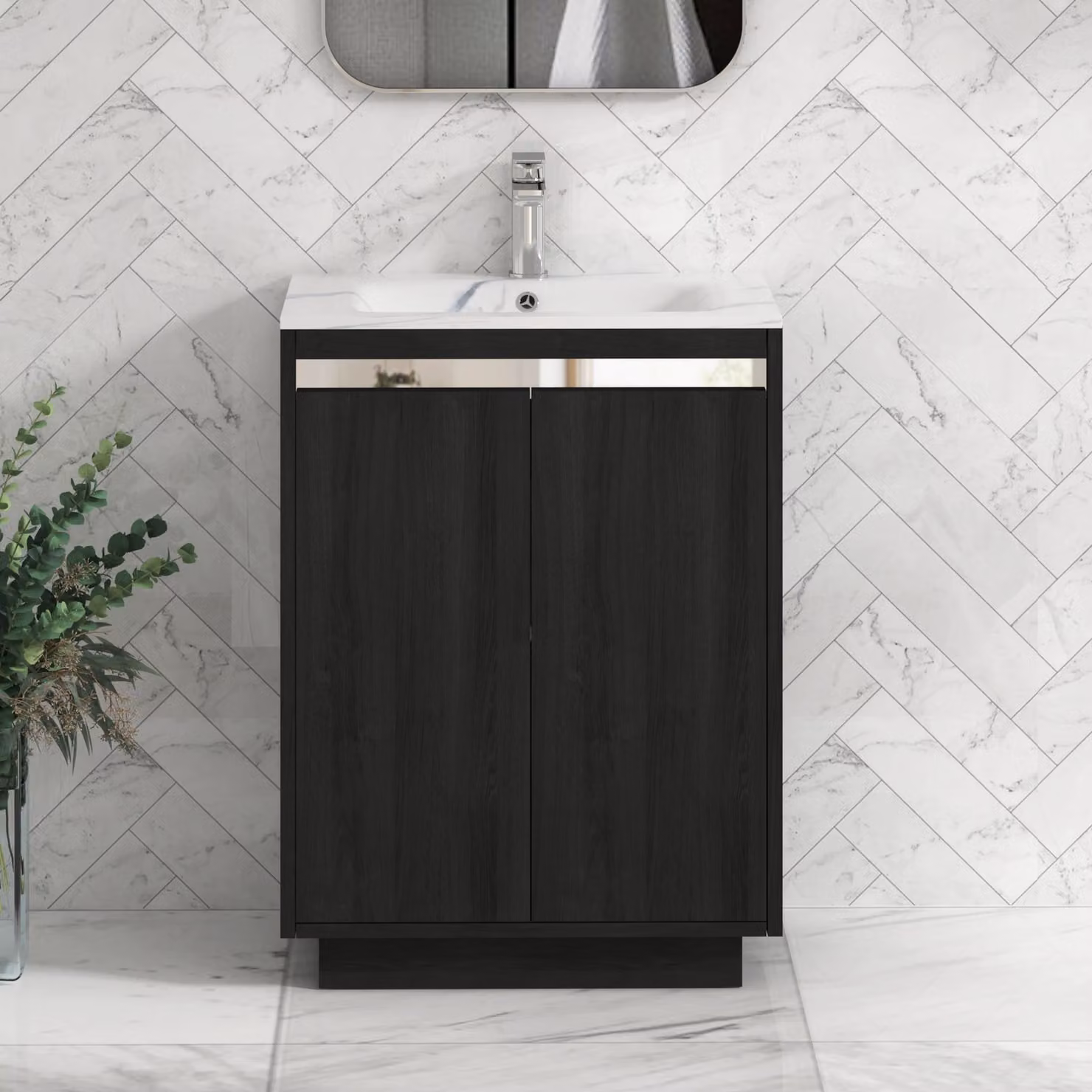 Royal Bathrooms Orion 600mm Floor Standing 2 Door Vanity Unit in Hale Black with Carrara White Basin and Chrome Accent Trim