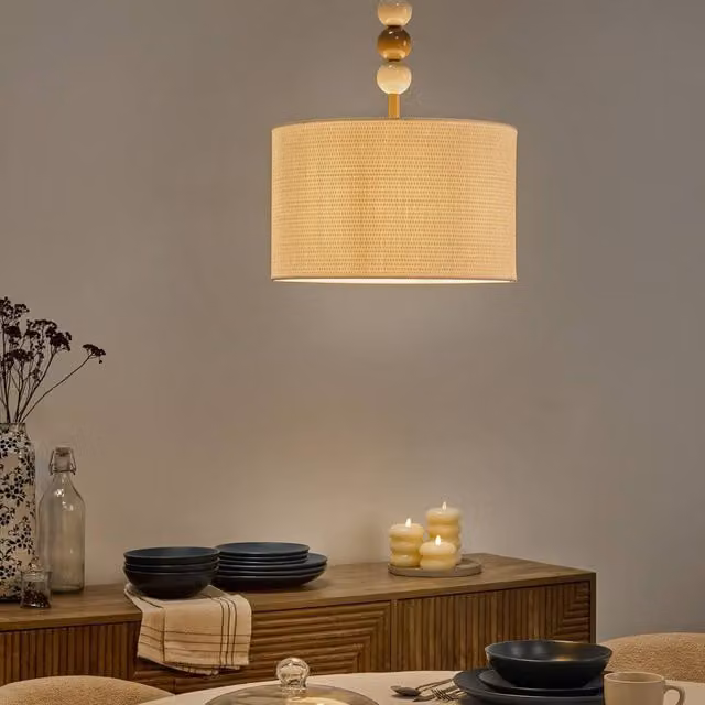 Wyld and Coco Mid-Century Suspended Pendant Lamp with Beige Fabric Drum Shade and Metal Frame