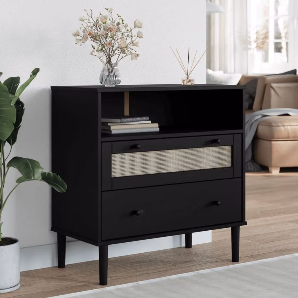 Berkfield Home SENJA Sideboard in Black Rattan Look Solid Pine Wood, W/D/H: 80 x 40 x 80 cm – 2