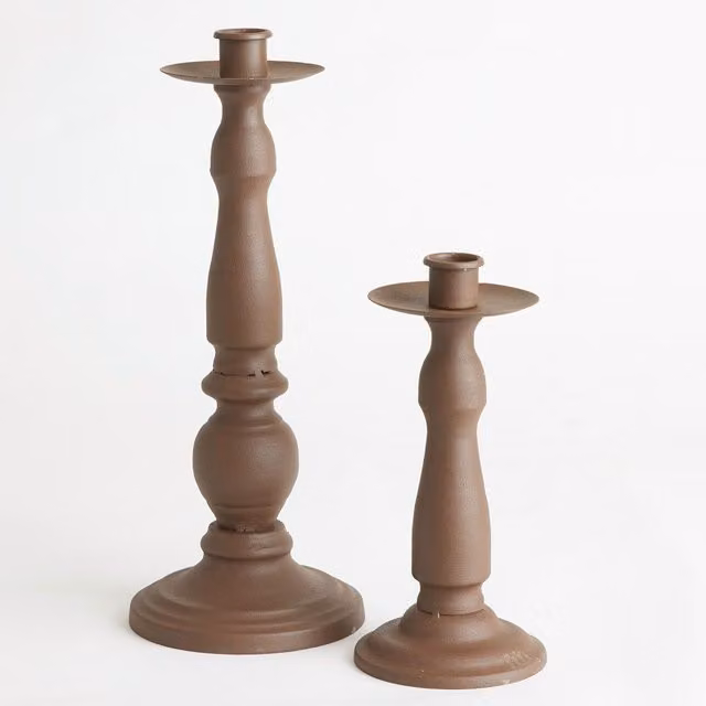 Bloom Set of 2 Rustic Metal Candleholders in Brown, Large H: 31 cm, W: 12 cm and Small H: 20 cm, W: 9.5 cm