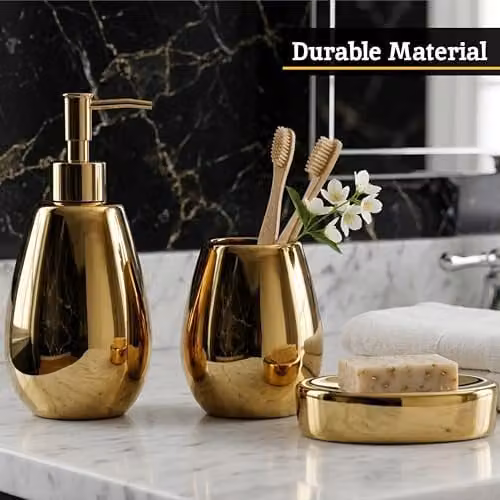 Orsina 3 Piece Ceramic Bathroom Accessories Set in Gold, including Soap Dispenser, Tumbler and Soap Dish – 4
