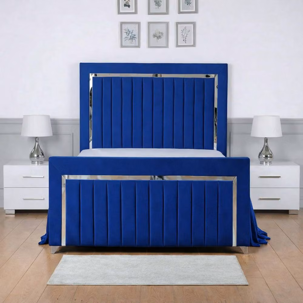 Living Comfort Bedz Blue Velvet Upholstered Slatted Base Bed with 48 Inch Headboard, W/D/H: 120 x 200 cm – 2