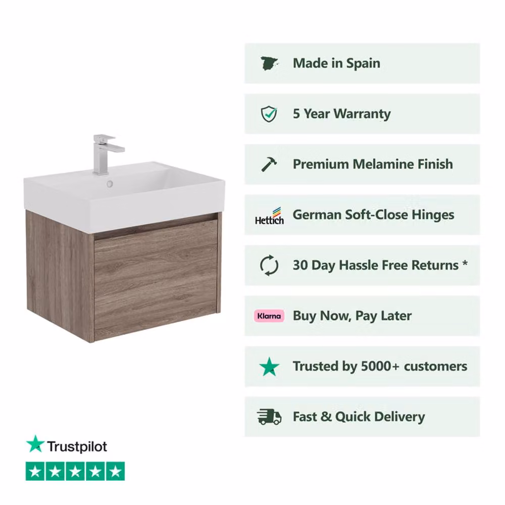 Banyetti Mino 800mm Wall Hung Vanity Unit with Veneto 1TH Basin in Nebraska Oak Brown – 2