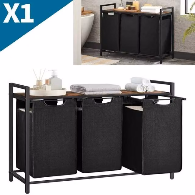 PAWNORA 3 Compartment Laundry Hamper Basket with Shelves and Removable Bags, Black, H 92.5 x W 42.1 x D 30 cm