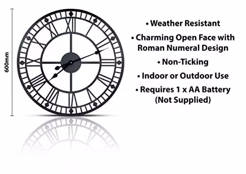 St Helens Home & Garden Black Open Face Silent Round Wall Clock, Diameter: 60 cm – 2