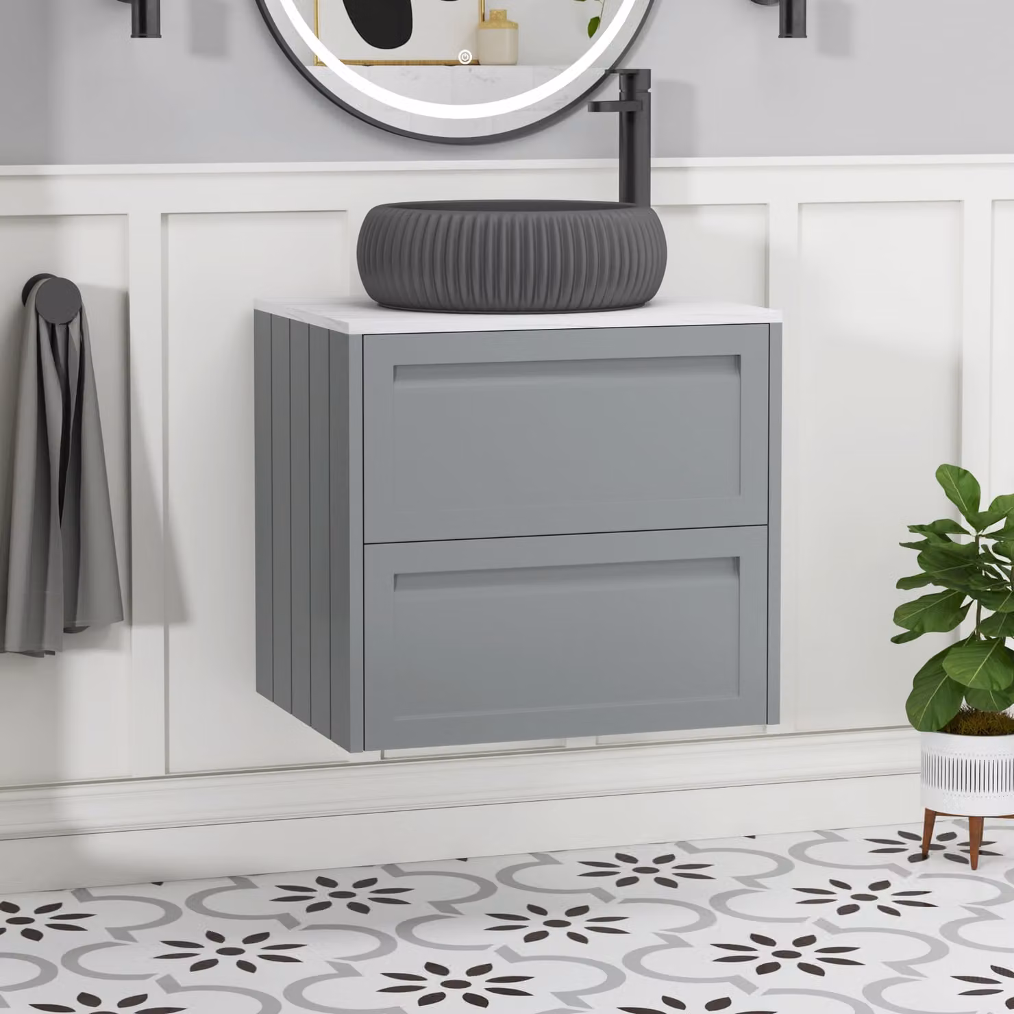 Royal Bathrooms Elmore 600mm Matt Pebble Grey Wall Hung 2 Drawer Vanity Unit with Milan Black Basin