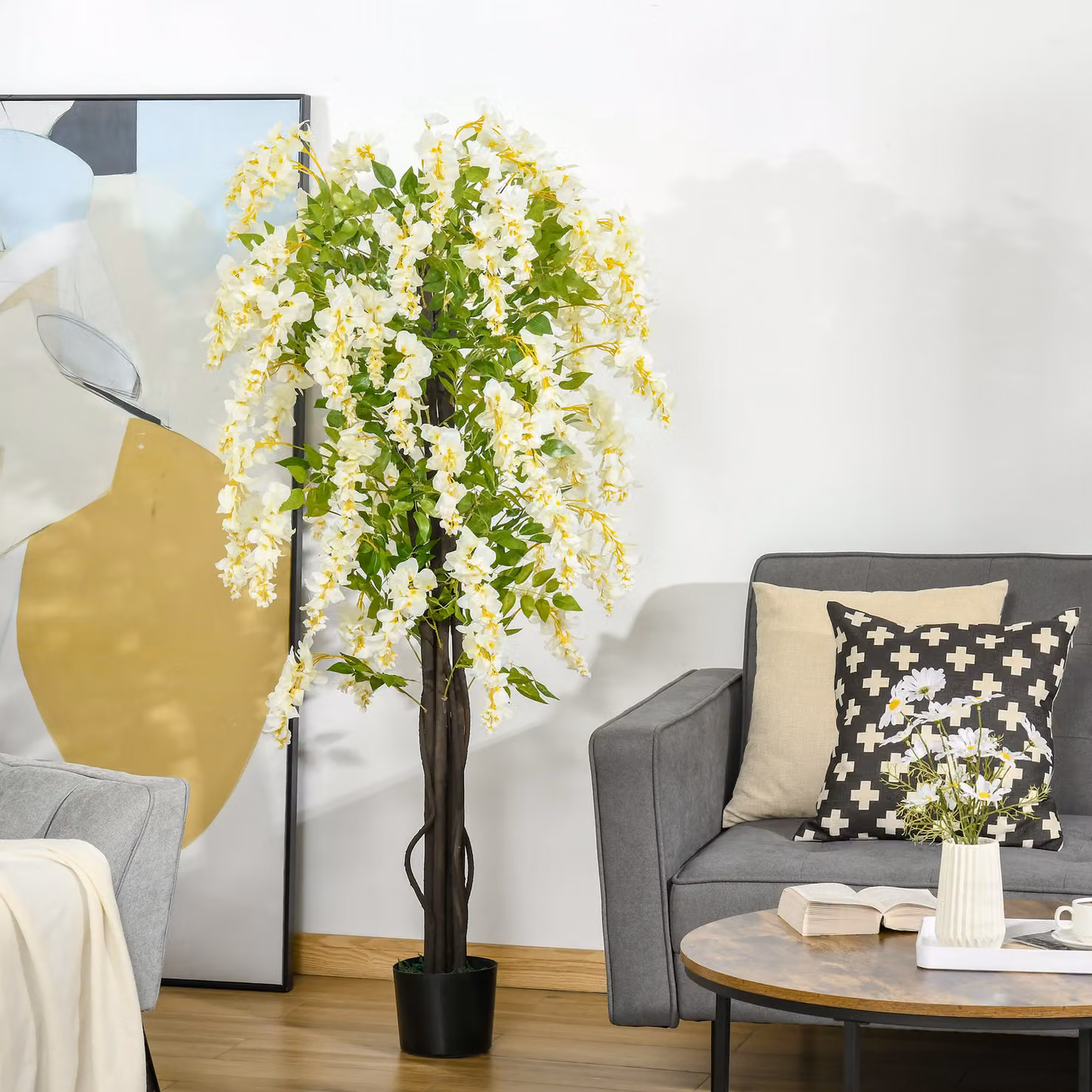 HOMCOM White Artificial Wisteria Tree with Nursery Pot for Indoor and Outdoor Decoration, Height: 160 cm – 2
