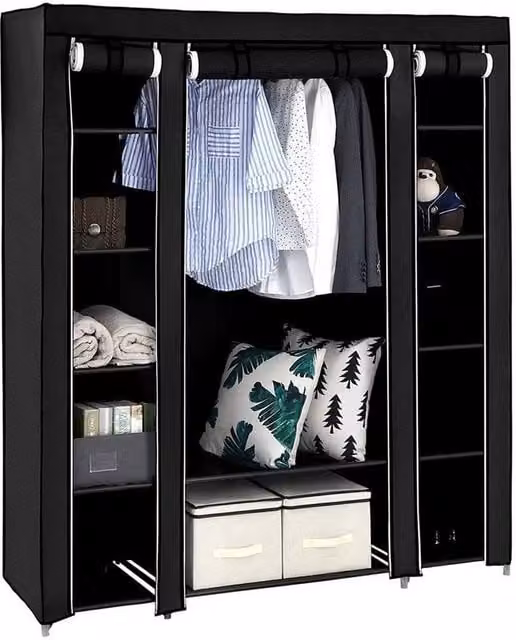 PAWNORA Fabric Canvas Wardrobe Clothes Storage Shelves in Black – 1