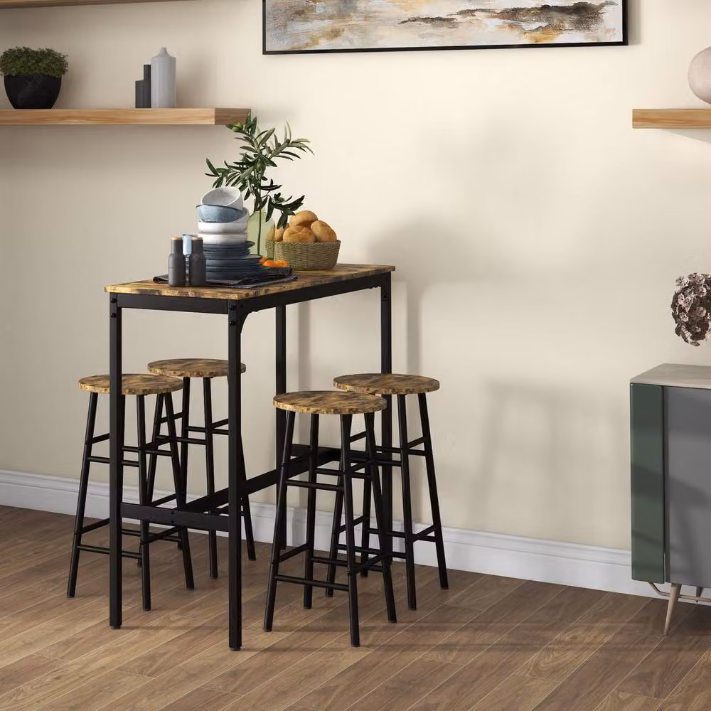 STILVORA Industrial Bar Table Set with 4 Stools in Brown and Black Wood and Metal – 2
