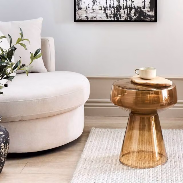 Wyld and Coco Oval Glass Side Table in Brown, W/D/H: 37 x 37 x 43 cm