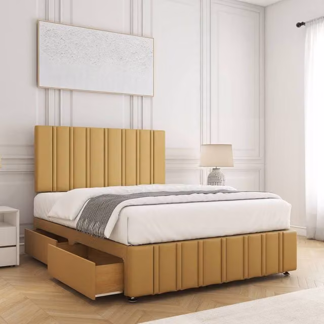 BSSPOKE Isabella Double Divan Bed with 24 inch Headboard and 2 Drawers in Mustard Yellow Velvet