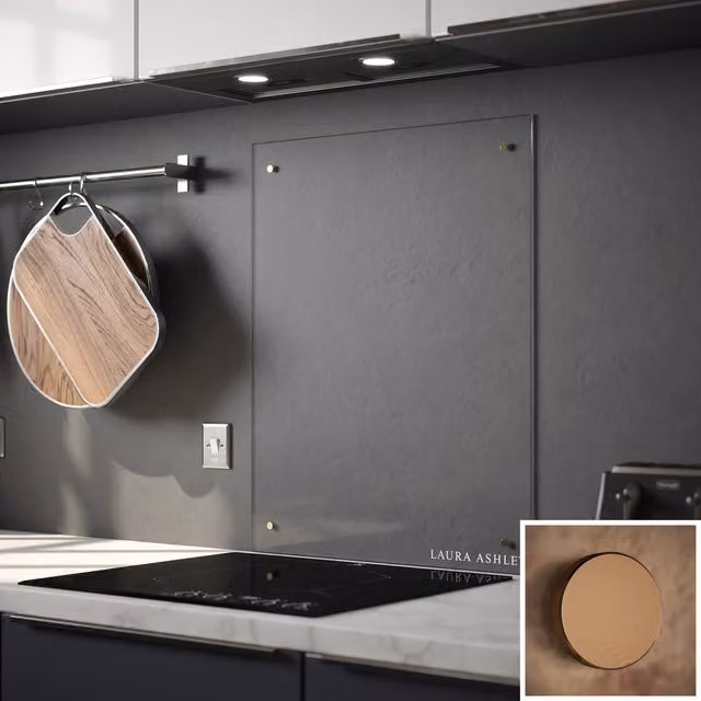 Laura Ashley Clear Glass Kitchen Splashback with Copper Caps, Transparent and Copper