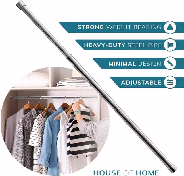 House of Home Extendable Silver Stainless Steel Hanging Rail, Adjustable 85-153 cm