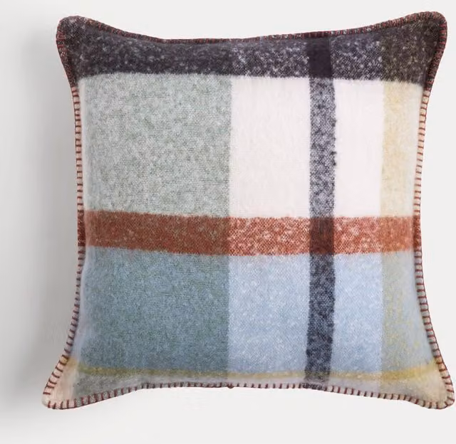 M&S Green Multicolour Checked Faux Mohair Square Cushion
