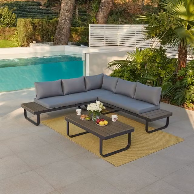 GRS Roman Aluminium L-Shape Garden Sofa Set with Optional Fire Pit Table in Grey and White